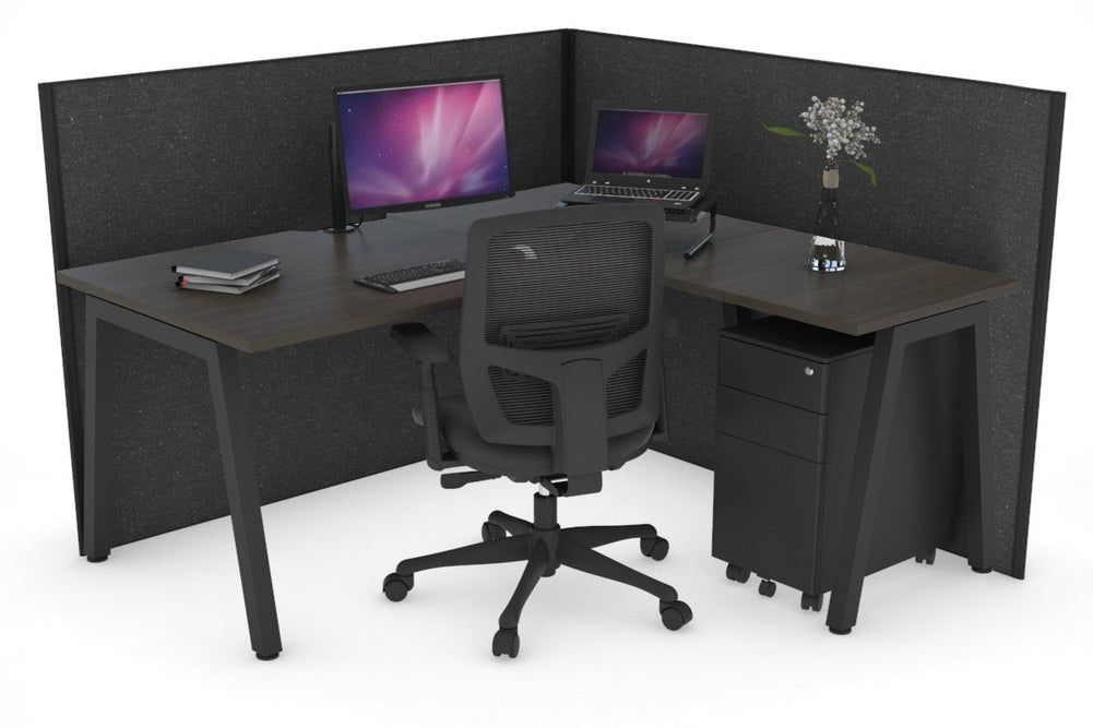 Horizon Quadro A Legs L-Shaped Corner Office Desk [1400L x 1550W with Cable Scallop]-black leg dark oak moody charcoal (1200H x 1400W x 1600W)