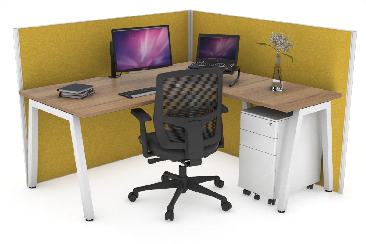 Horizon Quadro A Leg L-Shaped Corner Office Desk [1400L x 1550W with Cable Scallop] Jasonl white leg salvage oak mustard yellow (1200H x 1400W x 1600W)