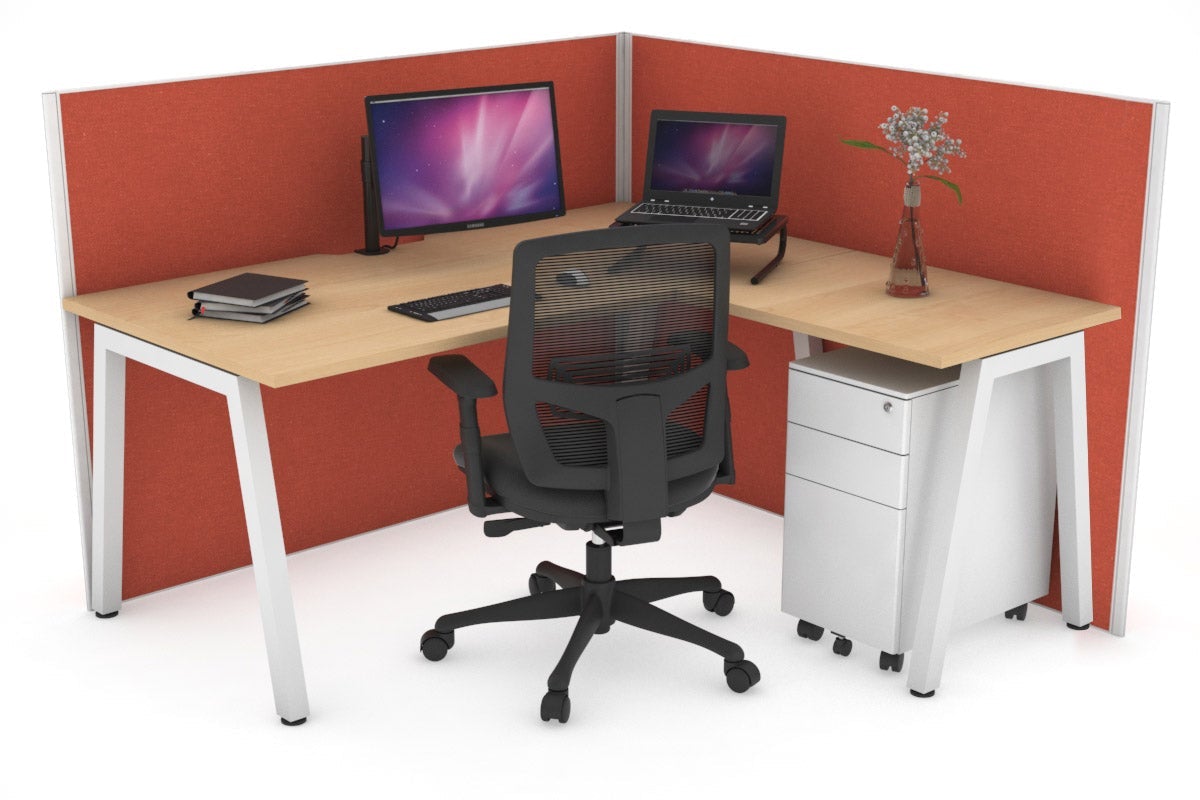 Horizon Quadro A Leg L-Shaped Corner Office Desk [1400L x 1550W with Cable Scallop] Jasonl white leg maple orange squash (1200H x 1400W x 1600W)