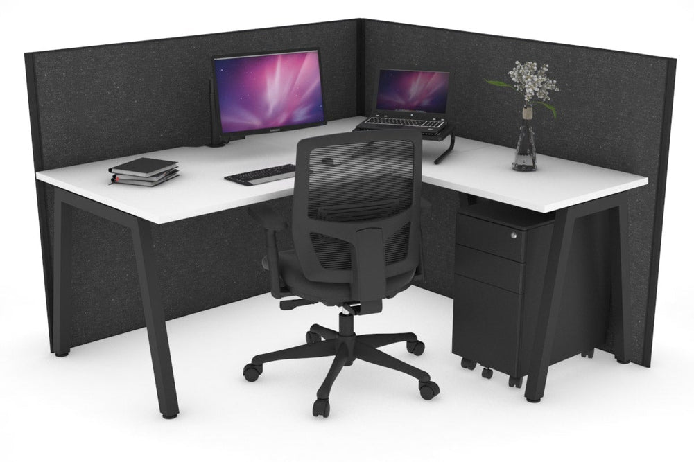Horizon Quadro A Legs L-Shaped Corner Office Desk [1400L x 1550W with Cable Scallop]-black leg white moody charcoal (1200H x 1400W x 1600W)