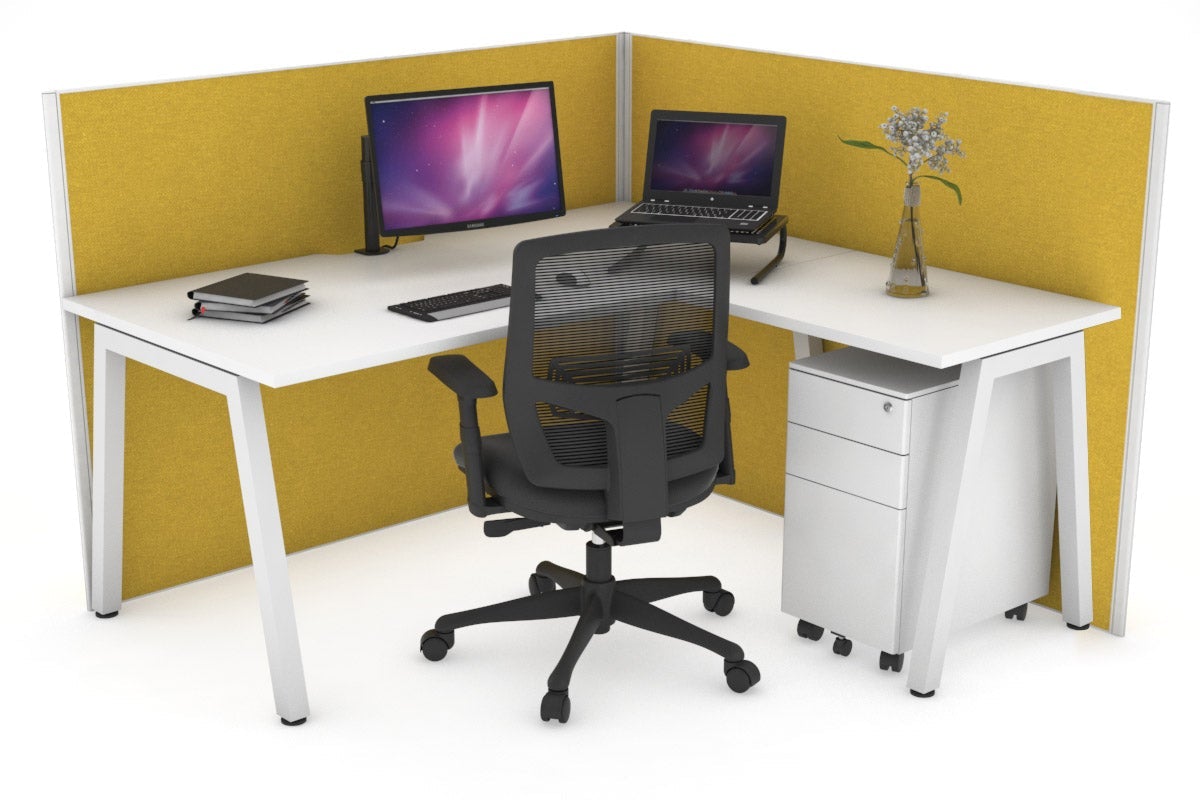 Horizon Quadro A Leg L-Shaped Corner Office Desk [1400L x 1550W with Cable Scallop] Jasonl white leg white mustard yellow (1200H x 1400W x 1600W)