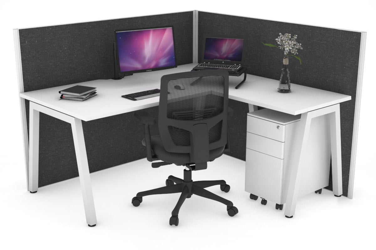 Horizon Quadro A Leg L-Shaped Corner Office Desk [1400L x 1550W with Cable Scallop] Jasonl white leg white moody charcoal (1200H x 1400W x 1600W)