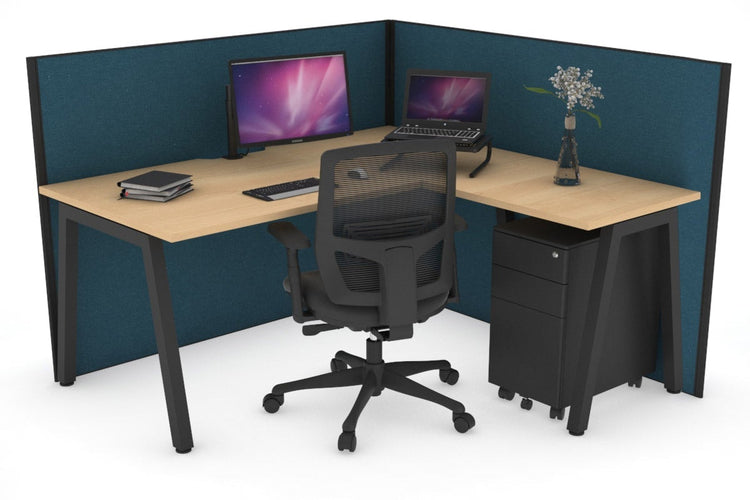 Horizon Quadro A Leg L-Shaped Corner Office Desk [1400L x 1550W with Cable Scallop] Jasonl black leg maple deep blue (1200H x 1400W x 1600W)
