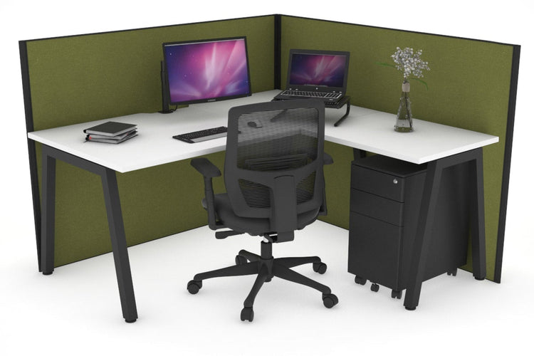 Horizon Quadro A Leg L-Shaped Corner Office Desk [1400L x 1550W with Cable Scallop] Jasonl black leg white green moss (1200H x 1400W x 1600W)