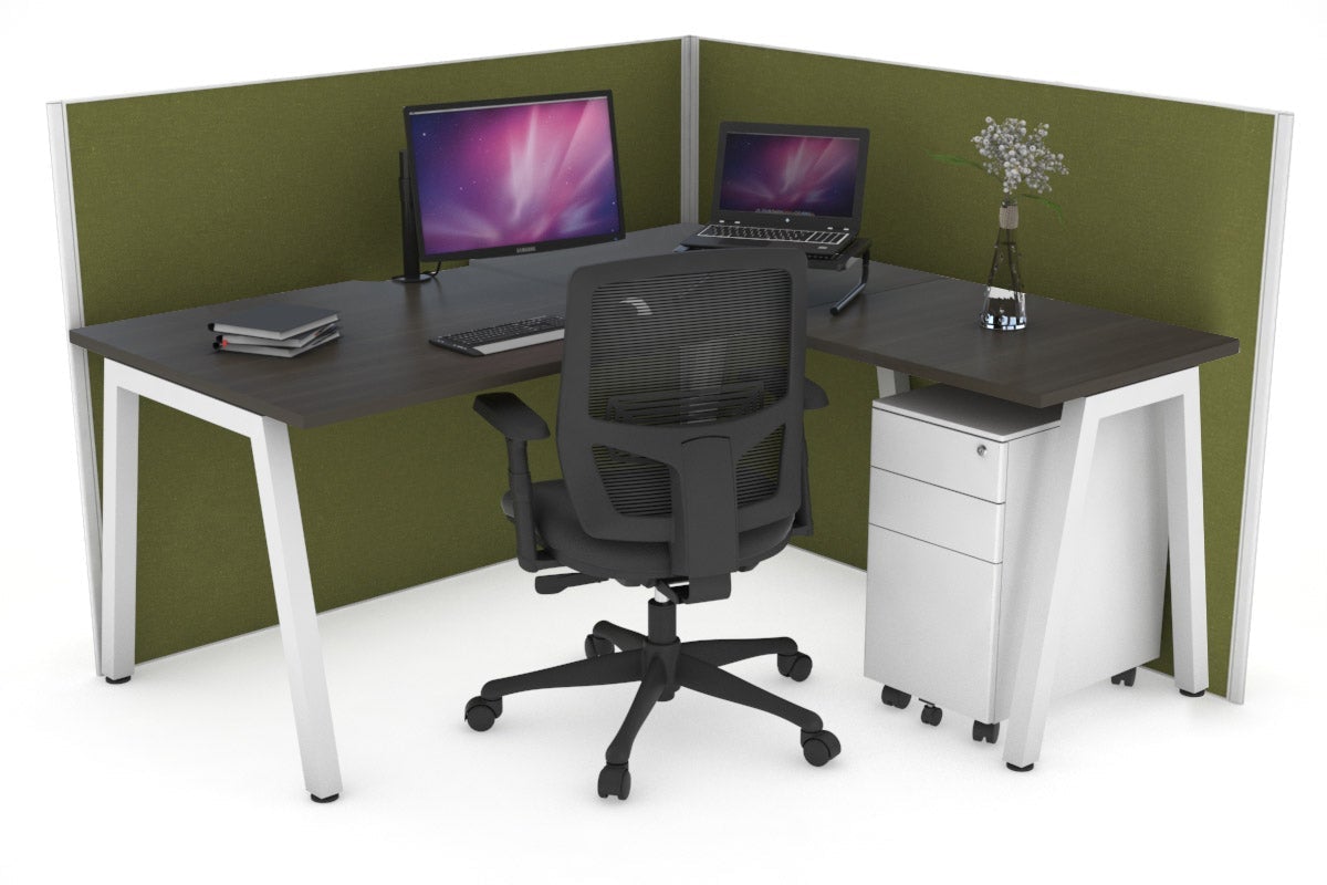 Horizon Quadro A Leg L-Shaped Corner Office Desk [1400L x 1550W with Cable Scallop] Jasonl white leg dark oak green moss (1200H x 1400W x 1600W)
