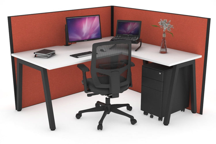 Horizon Quadro A Leg L-Shaped Corner Office Desk [1400L x 1550W with Cable Scallop] Jasonl black leg white orange squash (1200H x 1400W x 1600W)