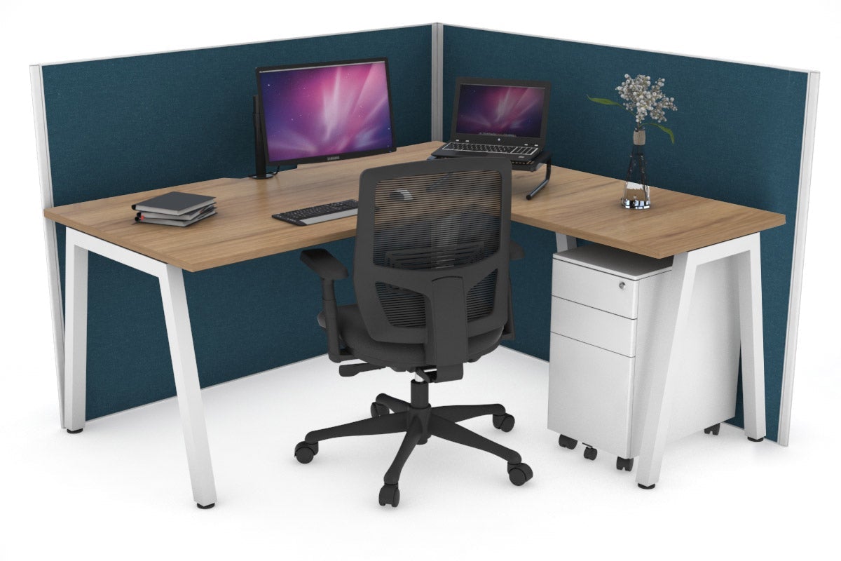 Horizon Quadro A Leg L-Shaped Corner Office Desk [1400L x 1550W with Cable Scallop] Jasonl white leg salvage oak deep blue (1200H x 1400W x 1600W)