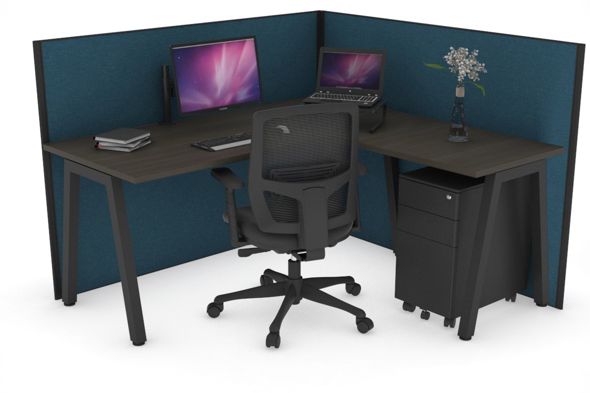 Horizon Quadro A Leg L-Shaped Corner Office Desk [1400L x 1700W] Jasonl black leg dark oak deep blue (1200H x 1400W x 1800W)
