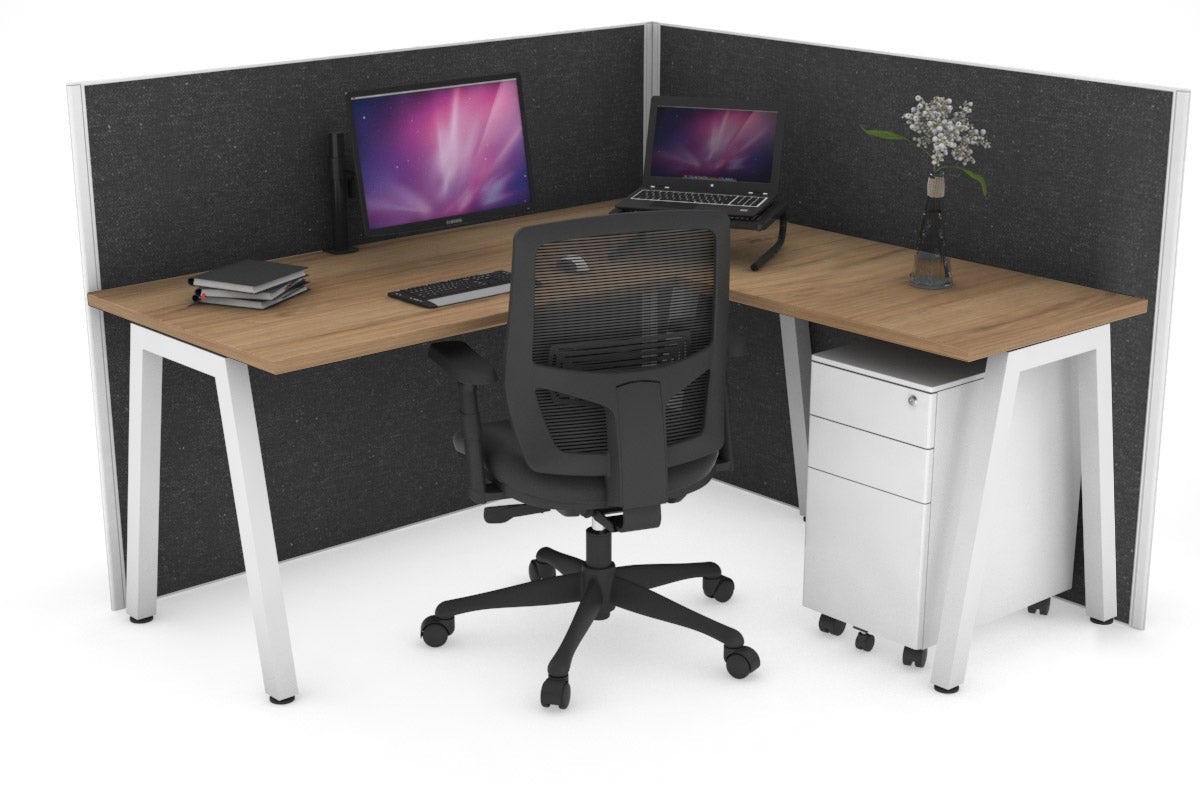 Horizon Quadro A Leg L-Shaped Corner Office Desk [1400L x 1700W] Jasonl white leg salvage oak moody charcoal (1200H x 1400W x 1800W)