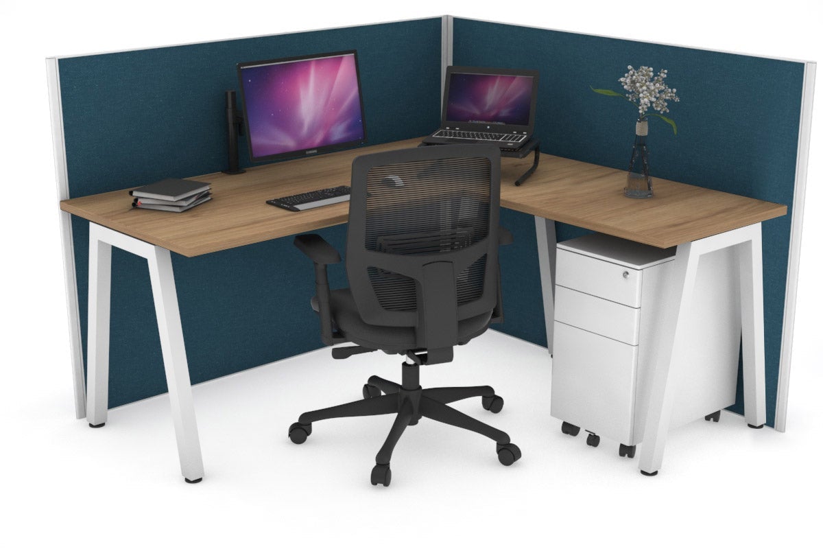 Horizon Quadro A Leg L-Shaped Corner Office Desk [1400L x 1700W] Jasonl white leg salvage oak deep blue (1200H x 1400W x 1800W)