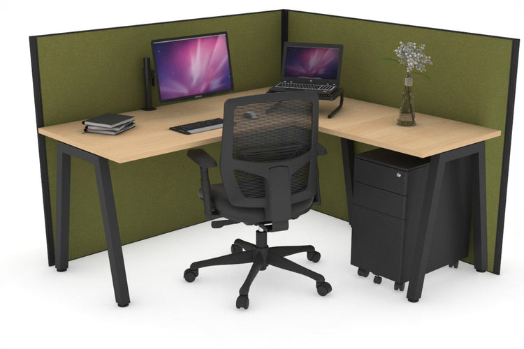 Horizon Quadro A Leg L-Shaped Corner Office Desk [1400L x 1700W] Jasonl black leg maple green moss (1200H x 1400W x 1800W)