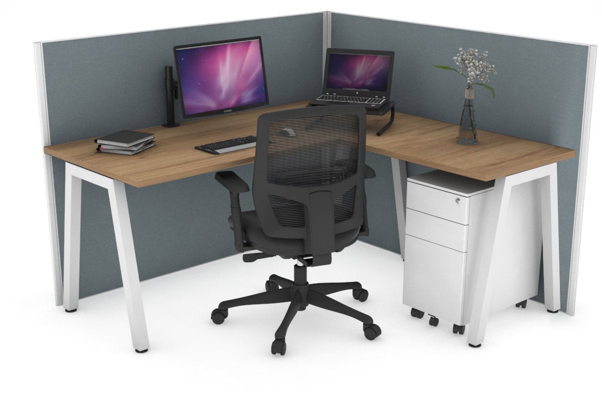 Horizon Quadro A Leg L-Shaped Corner Office Desk [1400L x 1700W] Jasonl white leg salvage oak cool grey (1200H x 1400W x 1800W)