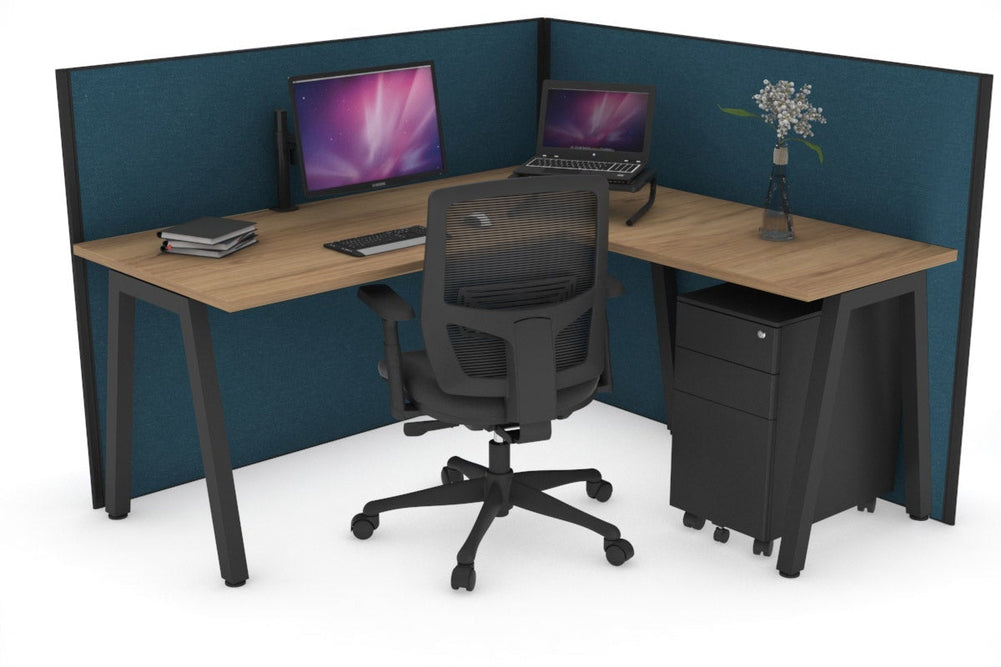 Horizon Quadro A Legs L-Shaped Corner Office Desk [1400L x 1700W]-black leg salvage oak deep blue (1200H x 1400W x 1800W)