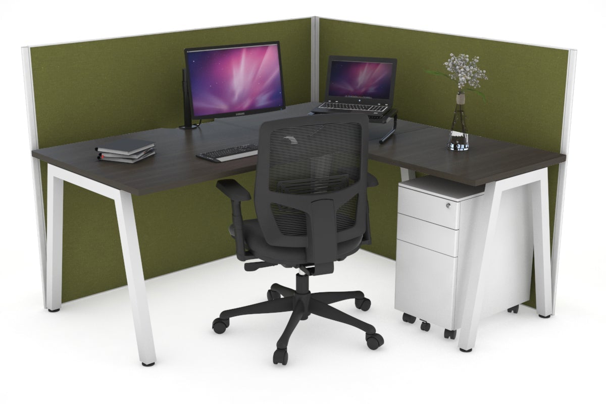 Horizon Quadro A Leg L-Shaped Corner Office Desk [1400L x 1800W with Cable Scallop] Jasonl white leg dark oak green moss (1200H x 1400W x 1800W)