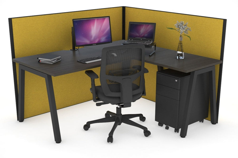 Horizon Quadro A Legs L-Shaped Corner Office Desk [1400L x 1800W with Cable Scallop]-black leg dark oak mustard yellow (1200H x 1400W x 1800W)
