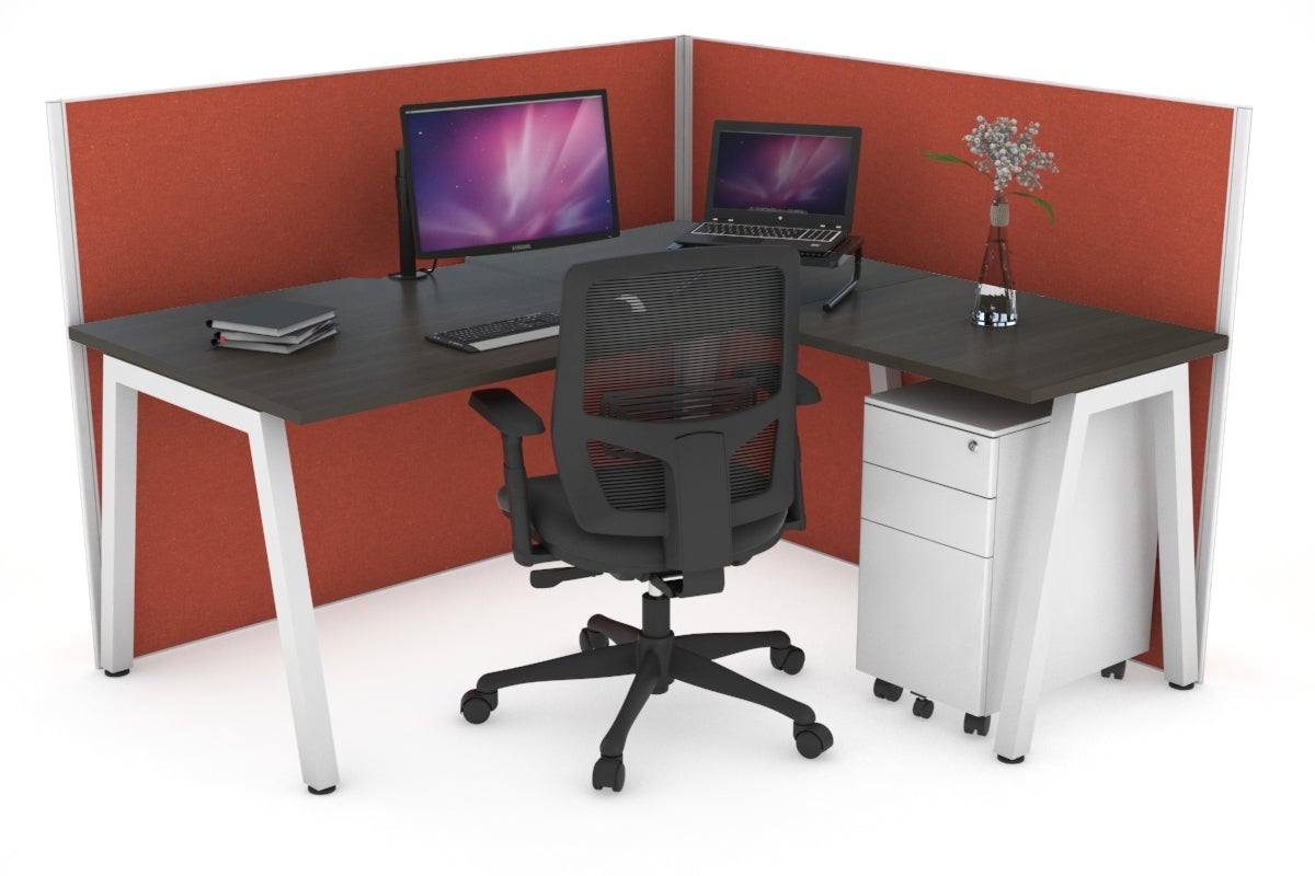 Horizon Quadro A Leg L-Shaped Corner Office Desk [1400L x 1800W with Cable Scallop] Jasonl white leg dark oak orange squash (1200H x 1400W x 1800W)