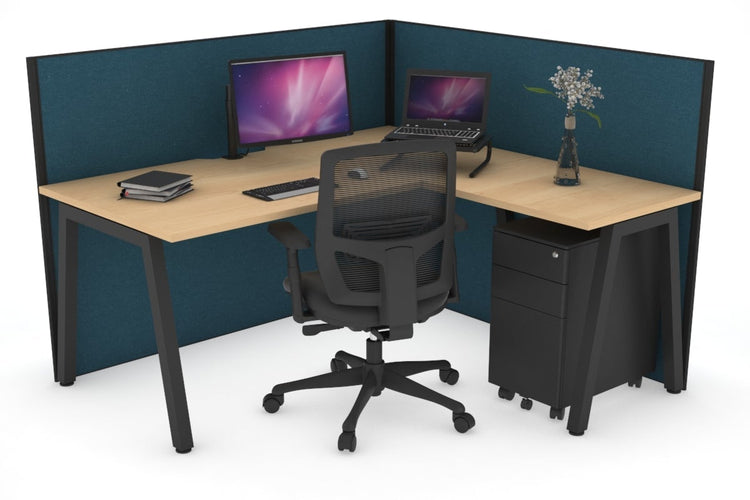 Horizon Quadro A Leg L-Shaped Corner Office Desk [1400L x 1800W with Cable Scallop] Jasonl black leg maple deep blue (1200H x 1400W x 1800W)