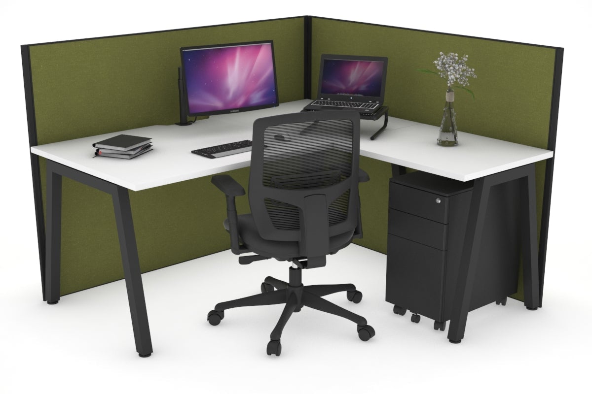 Horizon Quadro A Leg L-Shaped Corner Office Desk [1400L x 1800W with Cable Scallop] Jasonl black leg white green moss (1200H x 1400W x 1800W)