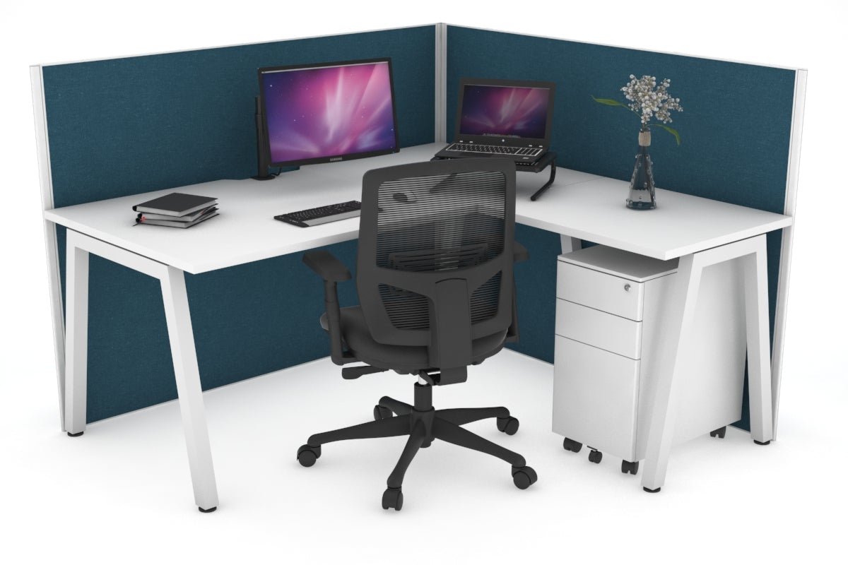 Horizon Quadro A Leg L-Shaped Corner Office Desk [1400L x 1800W with Cable Scallop] Jasonl white leg white deep blue (1200H x 1400W x 1800W)