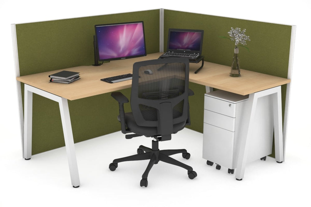 Horizon Quadro A Legs L-Shaped Corner Office Desk [1400L x 1800W with Cable Scallop]-white leg maple green moss (1200H x 1400W x 1800W)