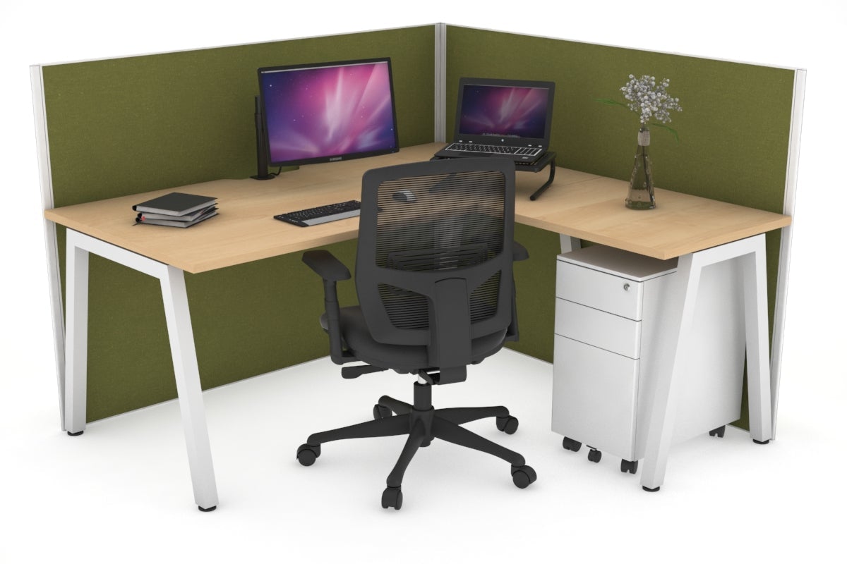Horizon Quadro A Leg L-Shaped Corner Office Desk [1400L x 1800W with Cable Scallop] Jasonl white leg maple green moss (1200H x 1400W x 1800W)