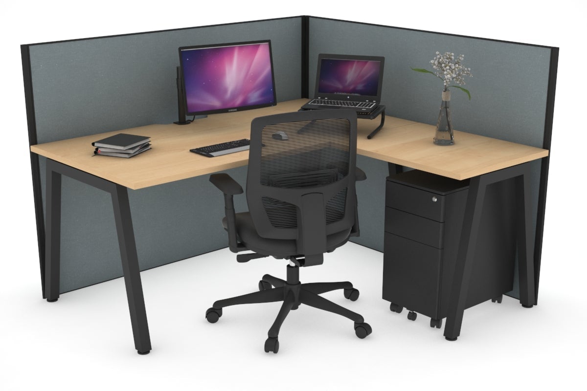 Horizon Quadro A Leg L-Shaped Corner Office Desk [1400L x 1800W with Cable Scallop] Jasonl black leg maple cool grey (1200H x 1400W x 1800W)