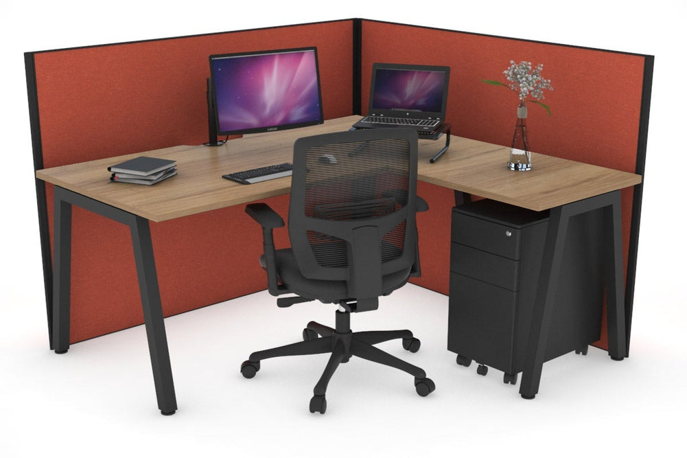 Horizon Quadro A Legs L-Shaped Corner Office Desk [1400L x 1800W with Cable Scallop]-black leg salvage oak orange squash (1200H x 1400W x 1800W)