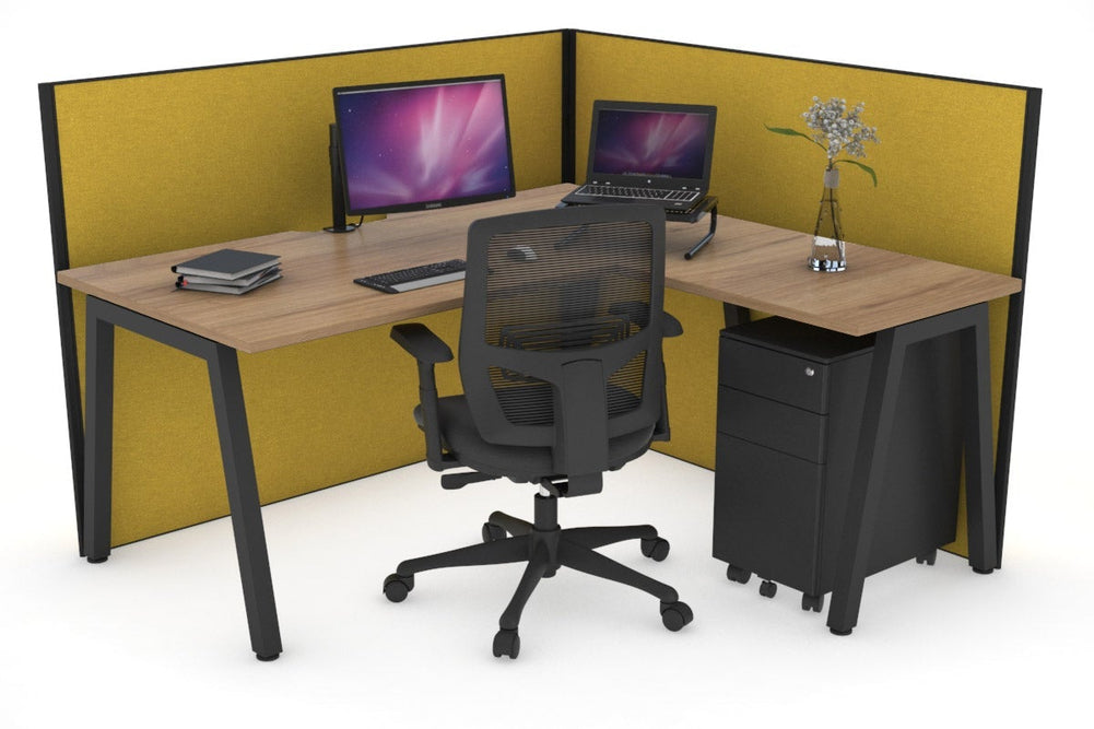 Horizon Quadro A Legs L-Shaped Corner Office Desk [1400L x 1800W with Cable Scallop]-black leg salvage oak mustard yellow (1200H x 1400W x 1800W)