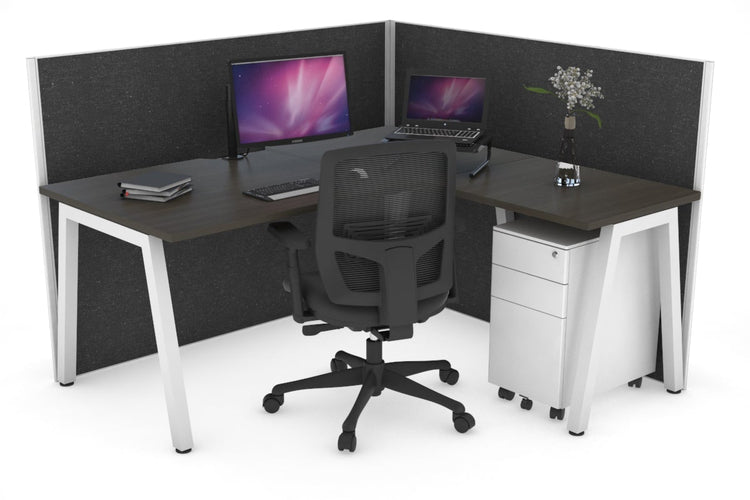 Horizon Quadro A Leg L-Shaped Corner Office Desk [1400L x 1800W with Cable Scallop] Jasonl white leg dark oak moody charcoal (1200H x 1400W x 1800W)