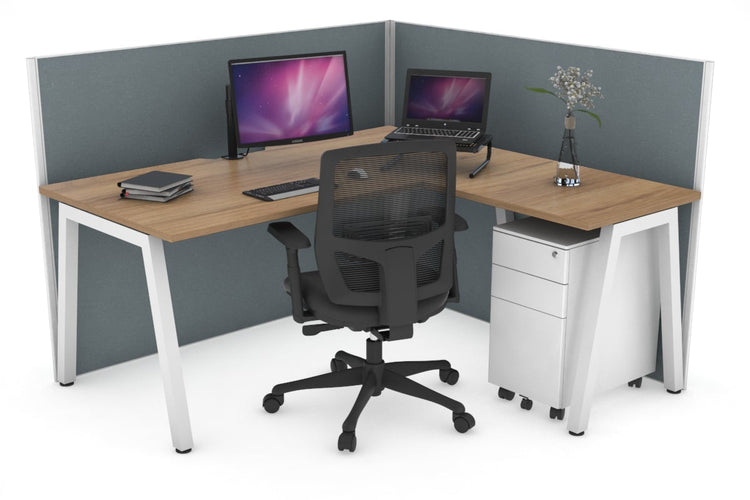 Horizon Quadro A Leg L-Shaped Corner Office Desk [1400L x 1800W with Cable Scallop] Jasonl white leg salvage oak cool grey (1200H x 1400W x 1800W)