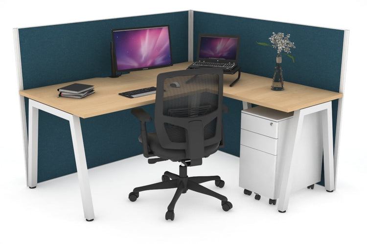 Horizon Quadro A Leg L-Shaped Corner Office Desk [1400L x 1800W with Cable Scallop] Jasonl white leg maple deep blue (1200H x 1400W x 1800W)