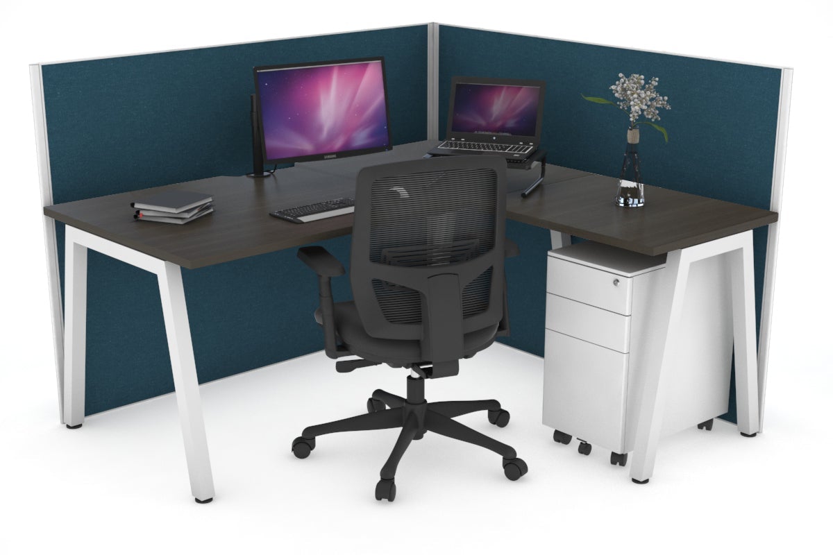 Horizon Quadro A Leg L-Shaped Corner Office Desk [1400L x 1800W with Cable Scallop] Jasonl white leg dark oak deep blue (1200H x 1400W x 1800W)