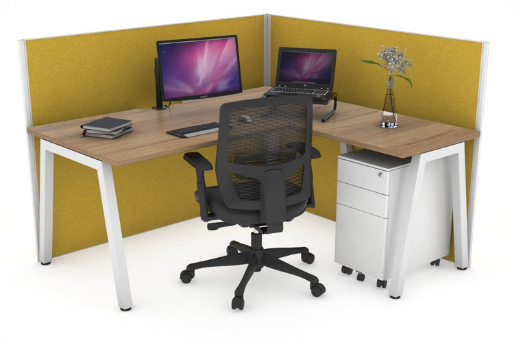 Horizon Quadro A Leg L-Shaped Corner Office Desk [1400L x 1800W with Cable Scallop] Jasonl white leg salvage oak mustard yellow (1200H x 1400W x 1800W)