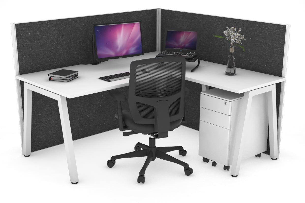 Horizon Quadro A Leg L-Shaped Corner Office Desk [1400L x 1800W with Cable Scallop] Jasonl white leg white moody charcoal (1200H x 1400W x 1800W)