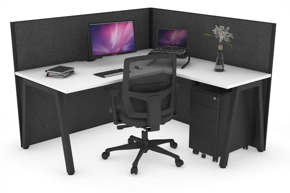 Horizon Quadro A Leg L-Shaped Corner Office Desk [1400L x 1800W with Cable Scallop] Jasonl black leg white moody charcoal (1200H x 1400W x 1800W)