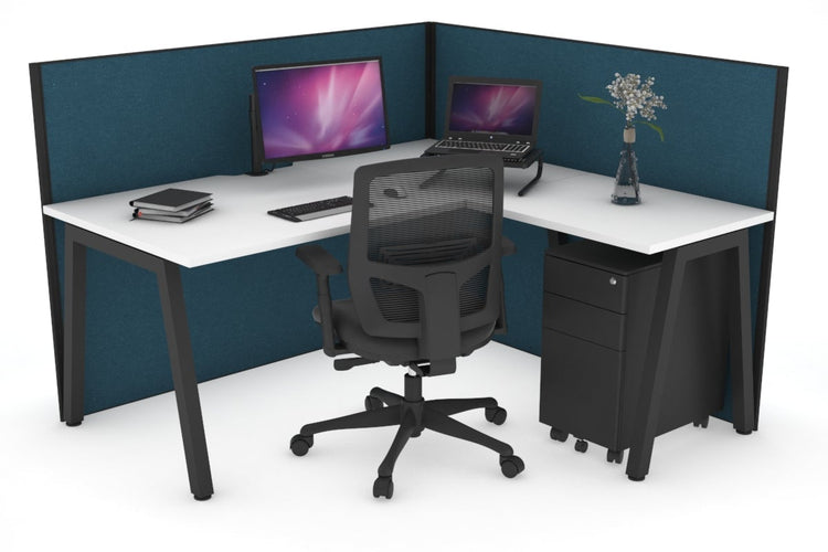 Horizon Quadro A Leg L-Shaped Corner Office Desk [1400L x 1800W with Cable Scallop] Jasonl black leg white deep blue (1200H x 1400W x 1800W)