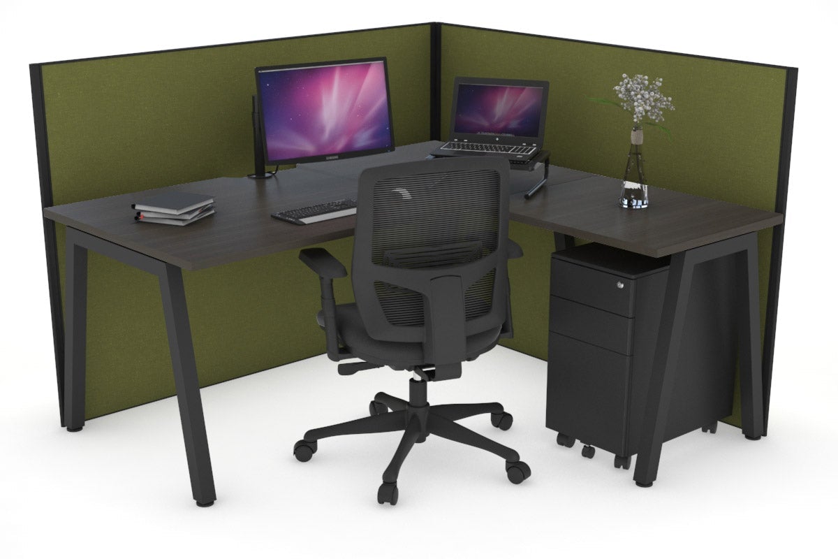 Horizon Quadro A Leg L-Shaped Corner Office Desk [1400L x 1800W with Cable Scallop] Jasonl black leg dark oak green moss (1200H x 1400W x 1800W)