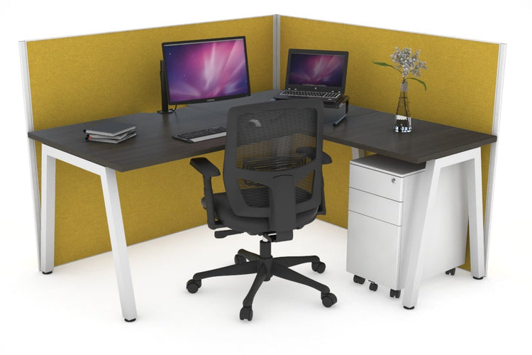 Horizon Quadro A Leg L-Shaped Corner Office Desk [1400L x 1800W with Cable Scallop] Jasonl white leg dark oak mustard yellow (1200H x 1400W x 1800W)