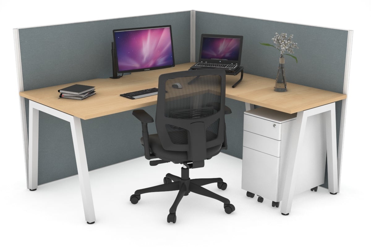 Horizon Quadro A Leg L-Shaped Corner Office Desk [1400L x 1800W with Cable Scallop] Jasonl white leg maple cool grey (1200H x 1400W x 1800W)