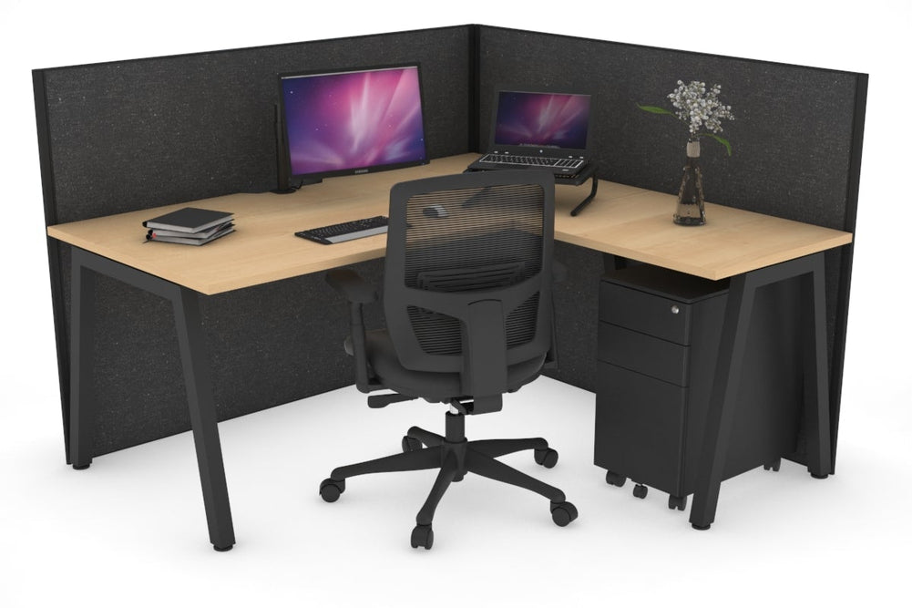Horizon Quadro A Legs L-Shaped Corner Office Desk [1400L x 1800W with Cable Scallop]-black leg maple moody charcoal (1200H x 1400W x 1800W)