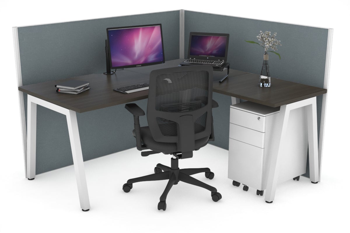 Horizon Quadro A Leg L-Shaped Corner Office Desk [1400L x 1800W with Cable Scallop] Jasonl white leg dark oak cool grey (1200H x 1400W x 1800W)
