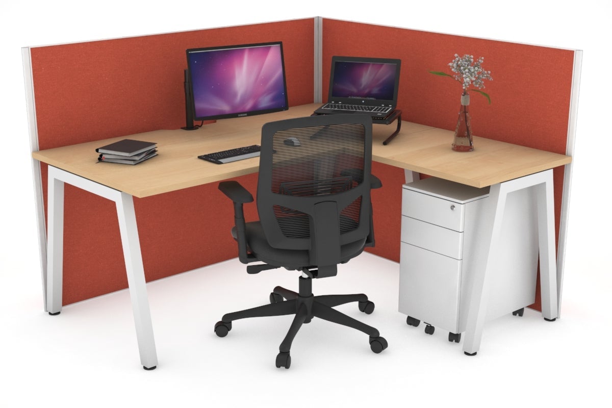Horizon Quadro A Leg L-Shaped Corner Office Desk [1400L x 1800W with Cable Scallop] Jasonl white leg maple orange squash (1200H x 1400W x 1800W)