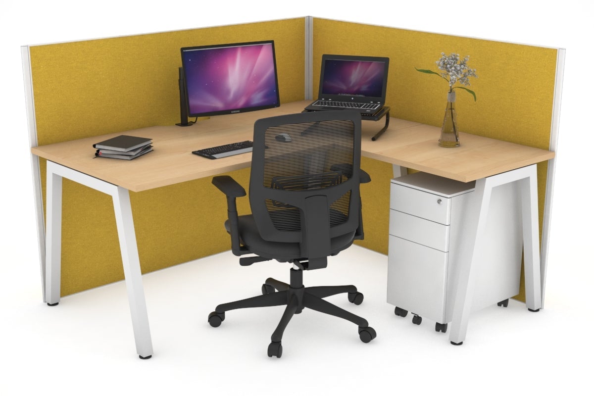 Horizon Quadro A Leg L-Shaped Corner Office Desk [1400L x 1800W with Cable Scallop] Jasonl white leg maple mustard yellow (1200H x 1400W x 1800W)