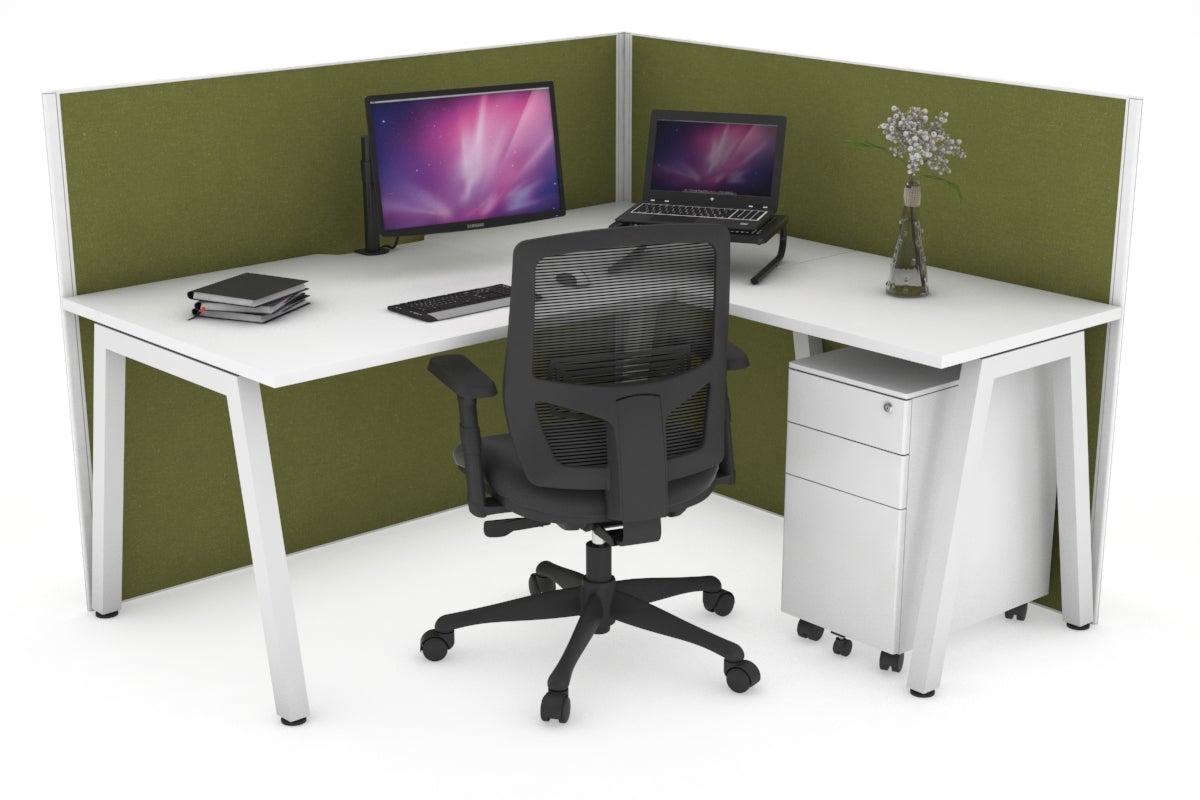 Horizon Quadro A Leg L-Shaped Corner Office Desk [1400L x 1800W with Cable Scallop] Jasonl white leg white green moss (1200H x 1400W x 1800W)