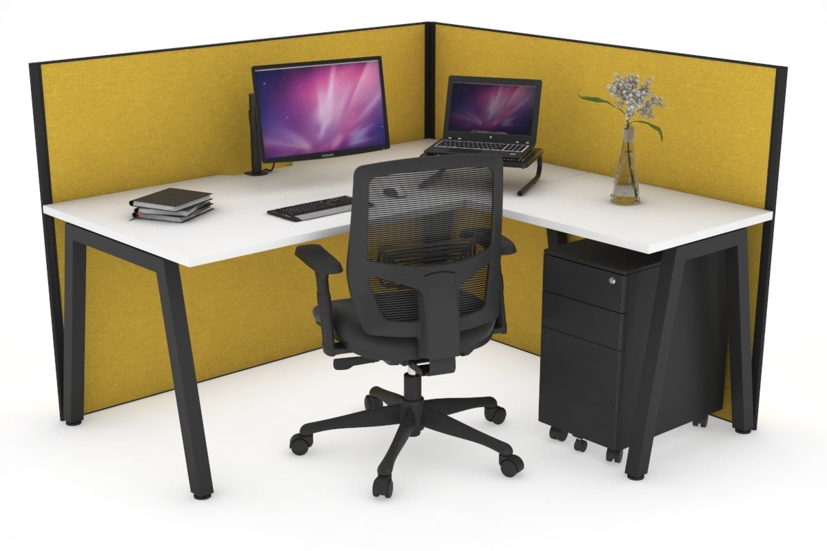 Horizon Quadro A Leg L-Shaped Corner Office Desk [1400L x 1800W with Cable Scallop] Jasonl black leg white mustard yellow (1200H x 1400W x 1800W)