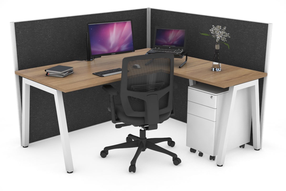 Horizon Quadro A Leg L-Shaped Corner Office Desk [1400L x 1800W with Cable Scallop] Jasonl white leg salvage oak moody charcoal (1200H x 1400W x 1800W)
