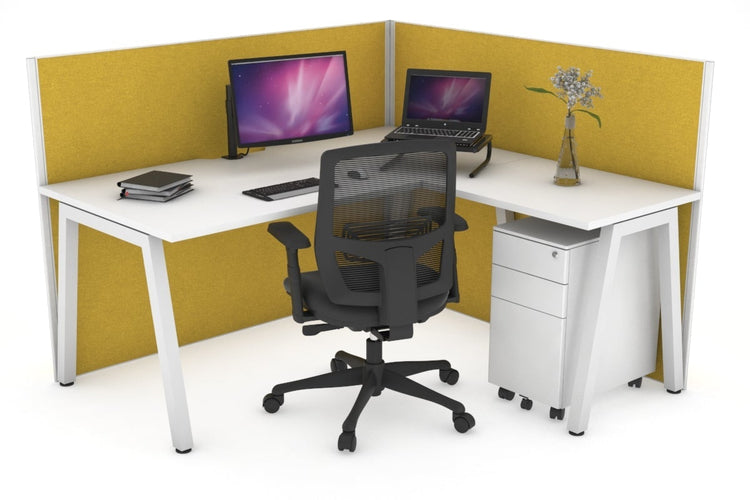 Horizon Quadro A Leg L-Shaped Corner Office Desk [1400L x 1800W with Cable Scallop] Jasonl white leg white mustard yellow (1200H x 1400W x 1800W)