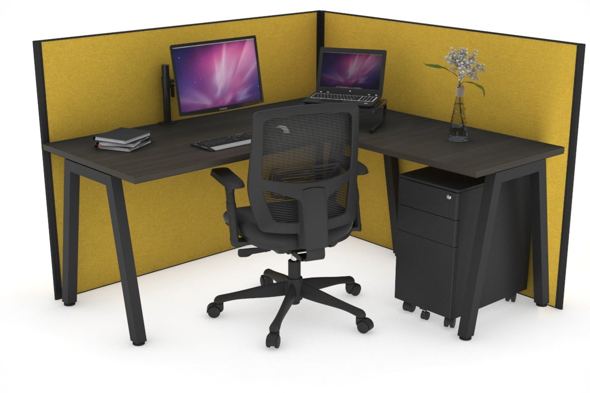 Horizon Quadro A Leg L-Shaped Corner Office Desk [1600L x 1450W] Jasonl black leg dark oak mustard yellow (1200H x 1600W x 1600W)