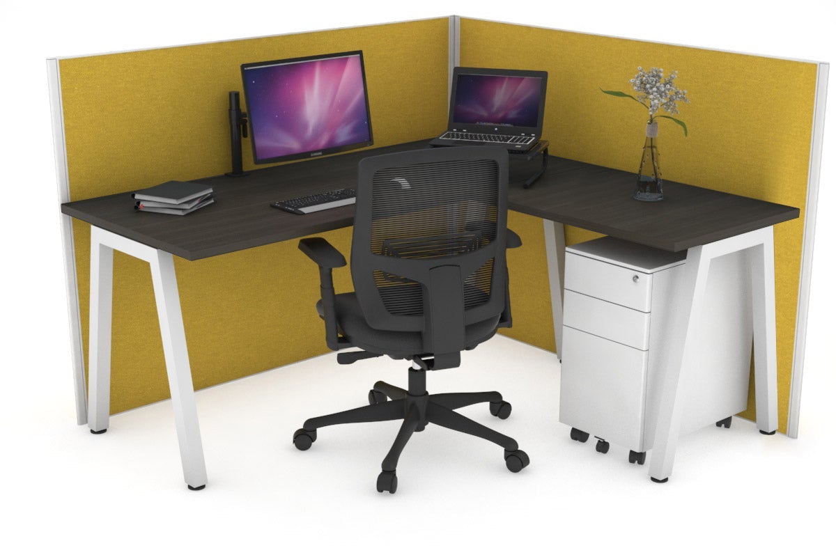 Horizon Quadro A Leg L-Shaped Corner Office Desk [1600L x 1450W] Jasonl white leg dark oak mustard yellow (1200H x 1600W x 1600W)
