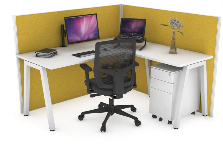 Horizon Quadro A Leg L-Shaped Corner Office Desk [1600L x 1450W] Jasonl white leg white mustard yellow (1200H x 1600W x 1600W)